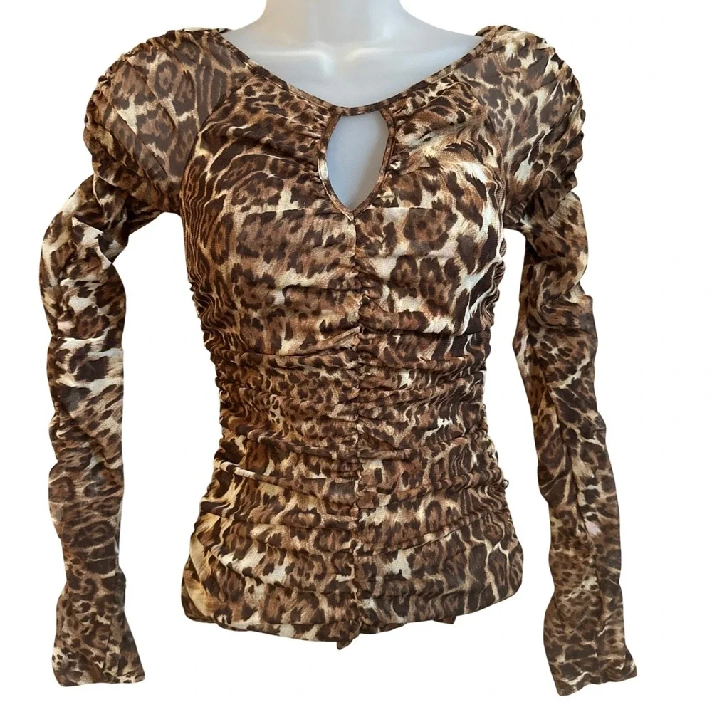 INC International Y2K Leopard Print Blouse Women Small Ruched Mesh Keyhole Brown